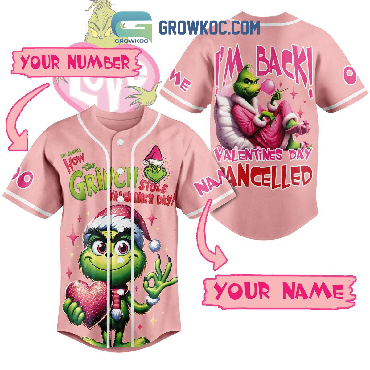 Grinch Steals Valentines Day Personalized Baseball Jersey Unisex T-shirt, Sweatshirt, Hoodie, Long Sleeve Tee - T-Shirt, Sweatshirt, Hoodie