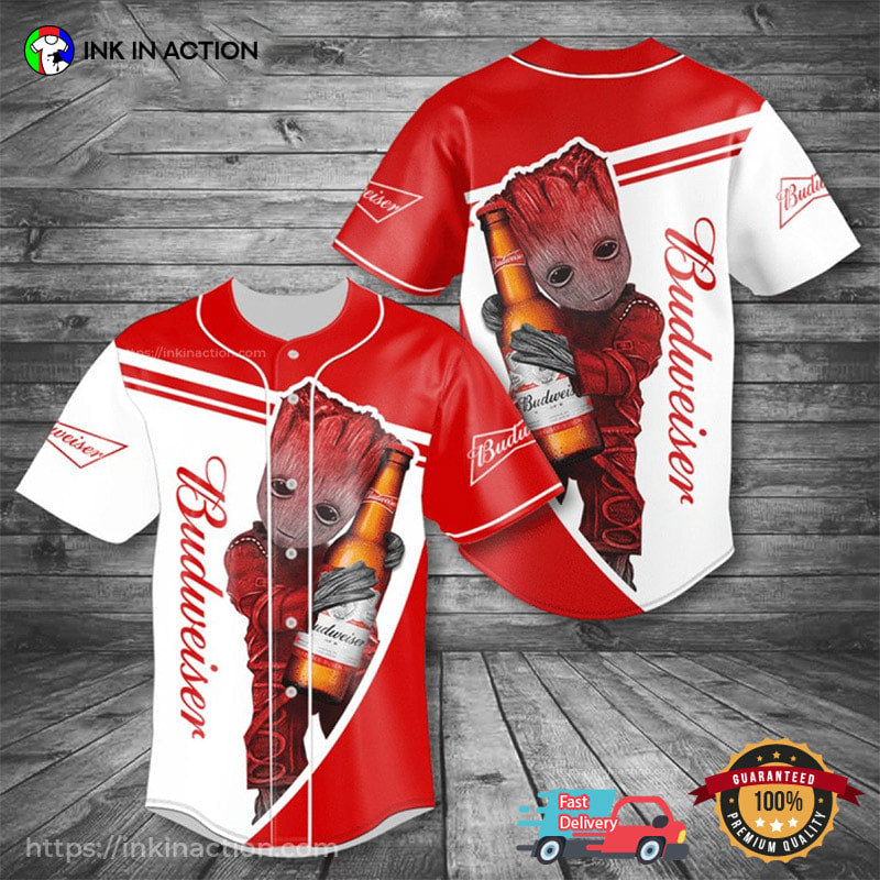 Groot Loves Budweiser Baseball Jersey Unisex T-shirt, Sweatshirt, Hoodie, Long Sleeve Tee - T-Shirt, Sweatshirt, Hoodie