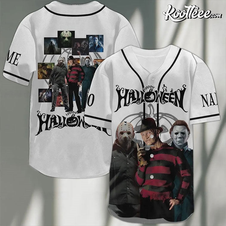 Halloween Horror Movie Characters Custom Baseball Jersey Unisex T-shirt, Sweatshirt, Hoodie, Long Sleeve Tee - T-Shirt, Sweatshirt, Hoodie