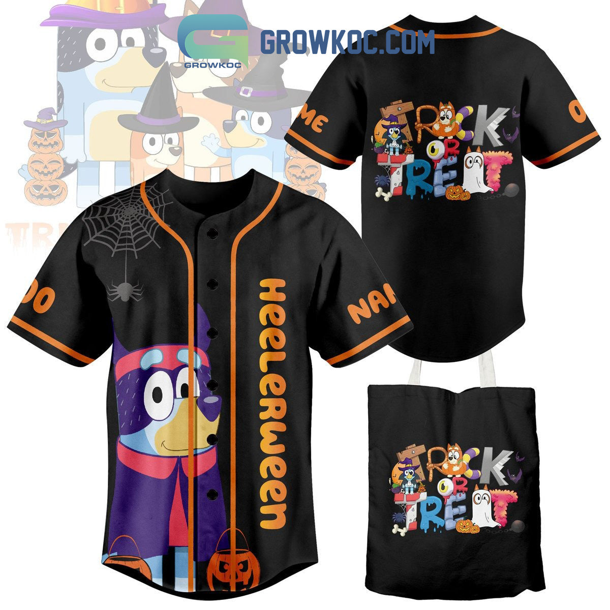 Heelerween Trick Or Treact Bluey Personalized Baseball Jersey Unisex T-shirt, Sweatshirt, Hoodie, Long Sleeve Tee - T-Shirt, Sweatshirt, Hoodie