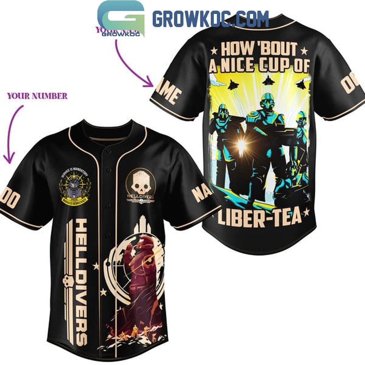 Helldivers Fan How Bout A Nice Cup Of Liber-Tea Personalized Baseball Jersey Unisex T-shirt, Sweatshirt, Hoodie, Long Sleeve Tee - T-Shirt, Sweatshirt, Hoodie