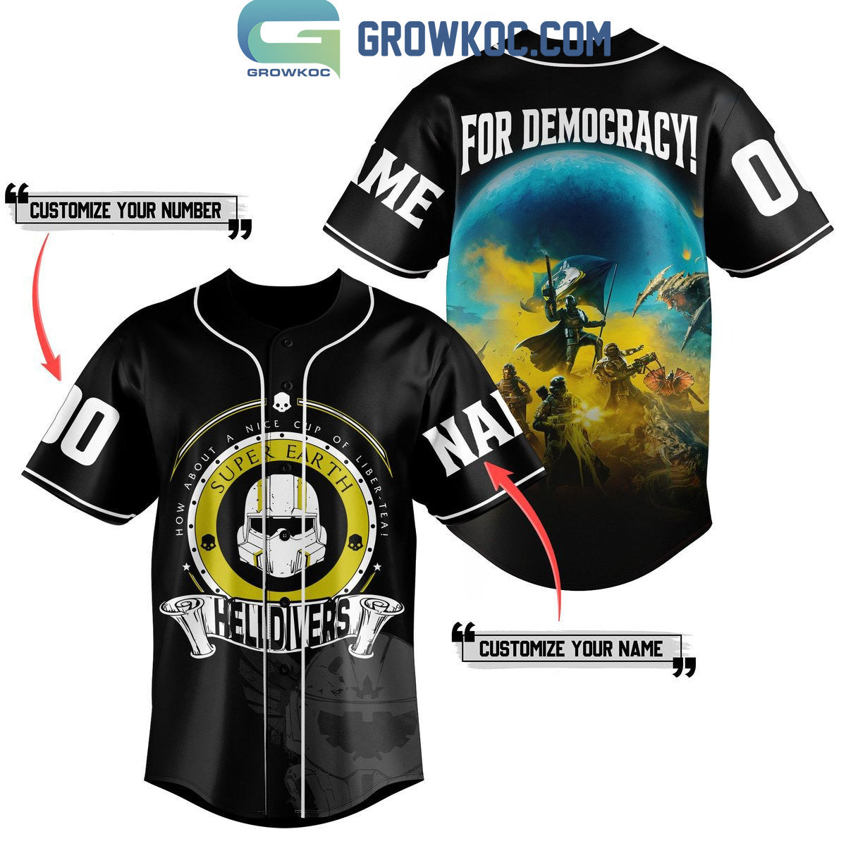 Helldivers Super Earth For Democracy Personalized Baseball Jersey Unisex T-shirt, Sweatshirt, Hoodie, Long Sleeve Tee - T-Shirt, Sweatshirt, Hoodie