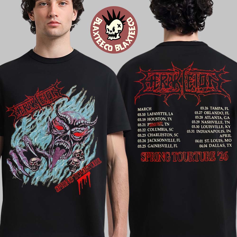 Herakleion Spring Tourture 2026 North America Tour Merch Flame Demon With Dates Back T-Shirt - T-Shirt, Sweatshirt, Hoodie