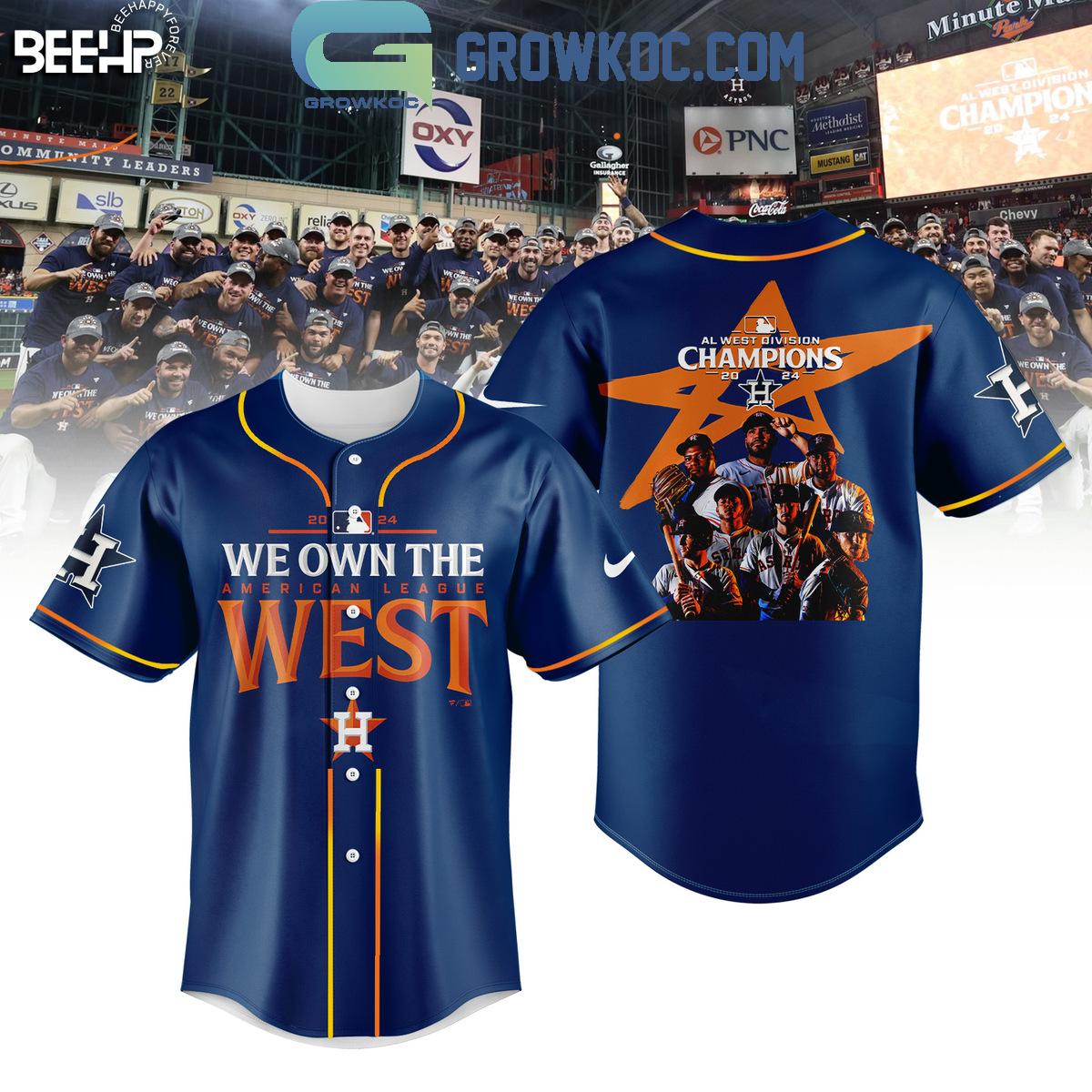 Houston Astros 2024 AL West Division Champions We Own The West Baseball Jersey Unisex T-shirt, Sweatshirt, Hoodie, Long Sleeve Tee - T-Shirt, Sweatshirt, Hoodie