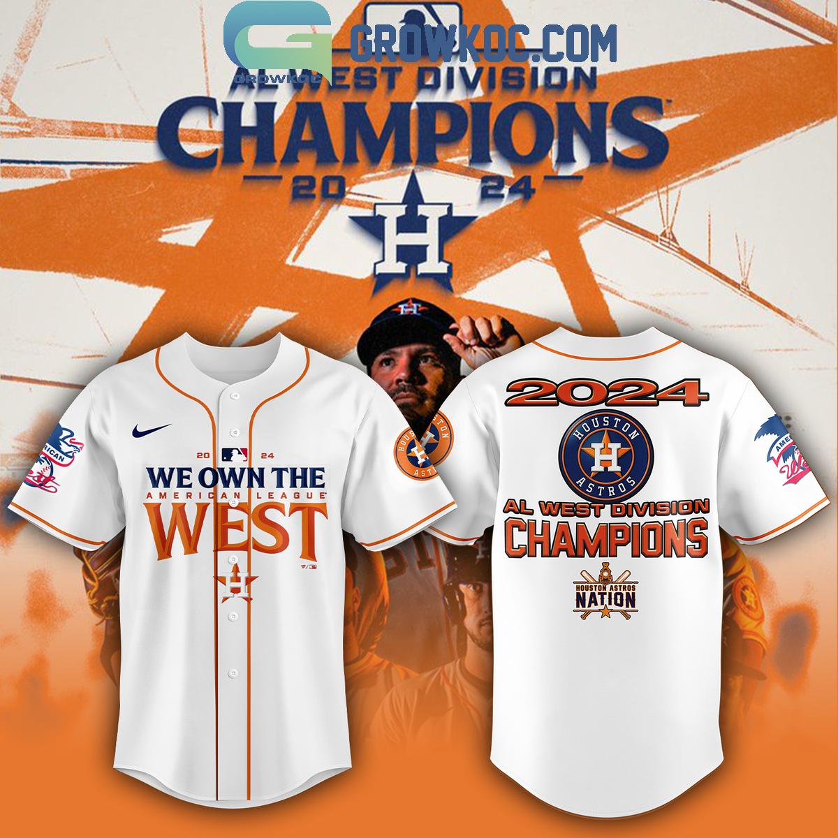 Houston Astros We Own The AL West Division Champions 2024 Baseball Jersey Unisex T-shirt, Sweatshirt, Hoodie, Long Sleeve Tee - T-Shirt, Sweatshirt, Hoodie