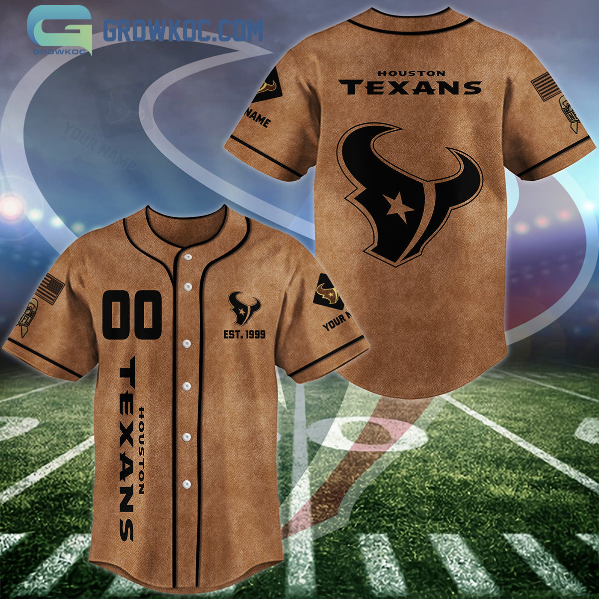 Houston Texans Brown American Flag Personalized Baseball Jersey Unisex T-shirt, Sweatshirt, Hoodie, Long Sleeve Tee - T-Shirt, Sweatshirt, Hoodie