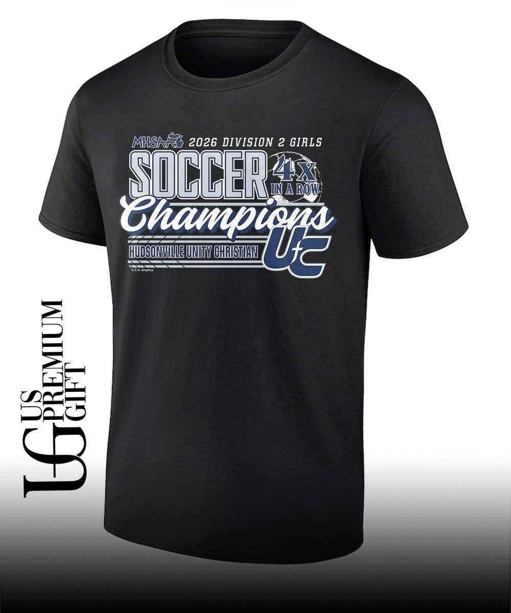 Hudsonville Unity Christian MHSAA Girls Soccer D2 4x in a Row Champions 2026 shirt Unisex T-shirt, Sweatshirt, Hoodie, Long Sleeve Tee - T-Shirt, Sweatshirt, Hoodie