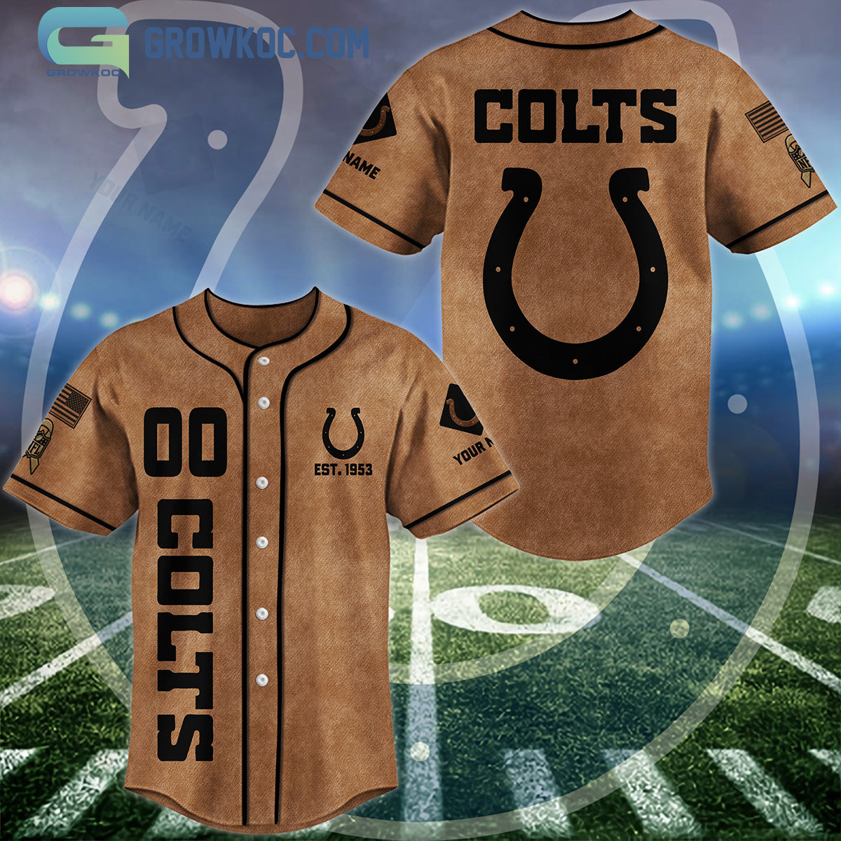 Indianapolis Colts Brown American Flag Personalized Baseball Jersey Unisex T-shirt, Sweatshirt, Hoodie, Long Sleeve Tee - T-Shirt, Sweatshirt, Hoodie