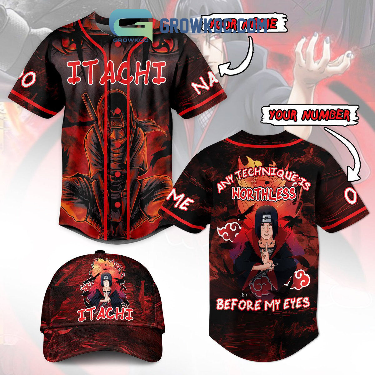 Itachi Any Technique Is Worthless Before My Eyes Personalized Baseball Jersey Unisex T-shirt, Sweatshirt, Hoodie, Long Sleeve Tee - T-Shirt, Sweatshirt, Hoodie
