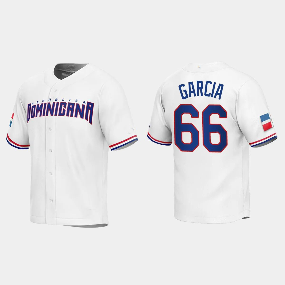 #66 JARLIN GARCIA DOMINICAN REPUBLIC BASEBALL 2023 WORLD BASEBALL CLASSIC REPLICA JERSEY ¨C WHITE Stitches Baseball Jerseys baseball jersey product view 1