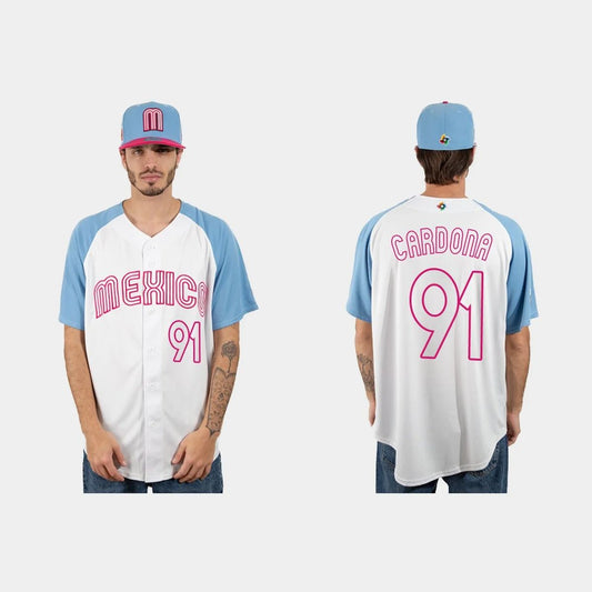#91 JOSE CARDONA MEXICO BASEBALL 2023 WORLD BASEBALL CLASSIC JERSEY ¨C WHITE BLUE Stitches Baseball Jerseys baseball jersey product view 1
