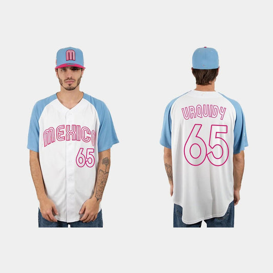 #65 JOSE URQUIDY MEXICO BASEBALL 2023 WORLD BASEBALL CLASSIC JERSEY ¨C WHITE BLUE Stitches Baseball Jerseys baseball jersey product view 1
