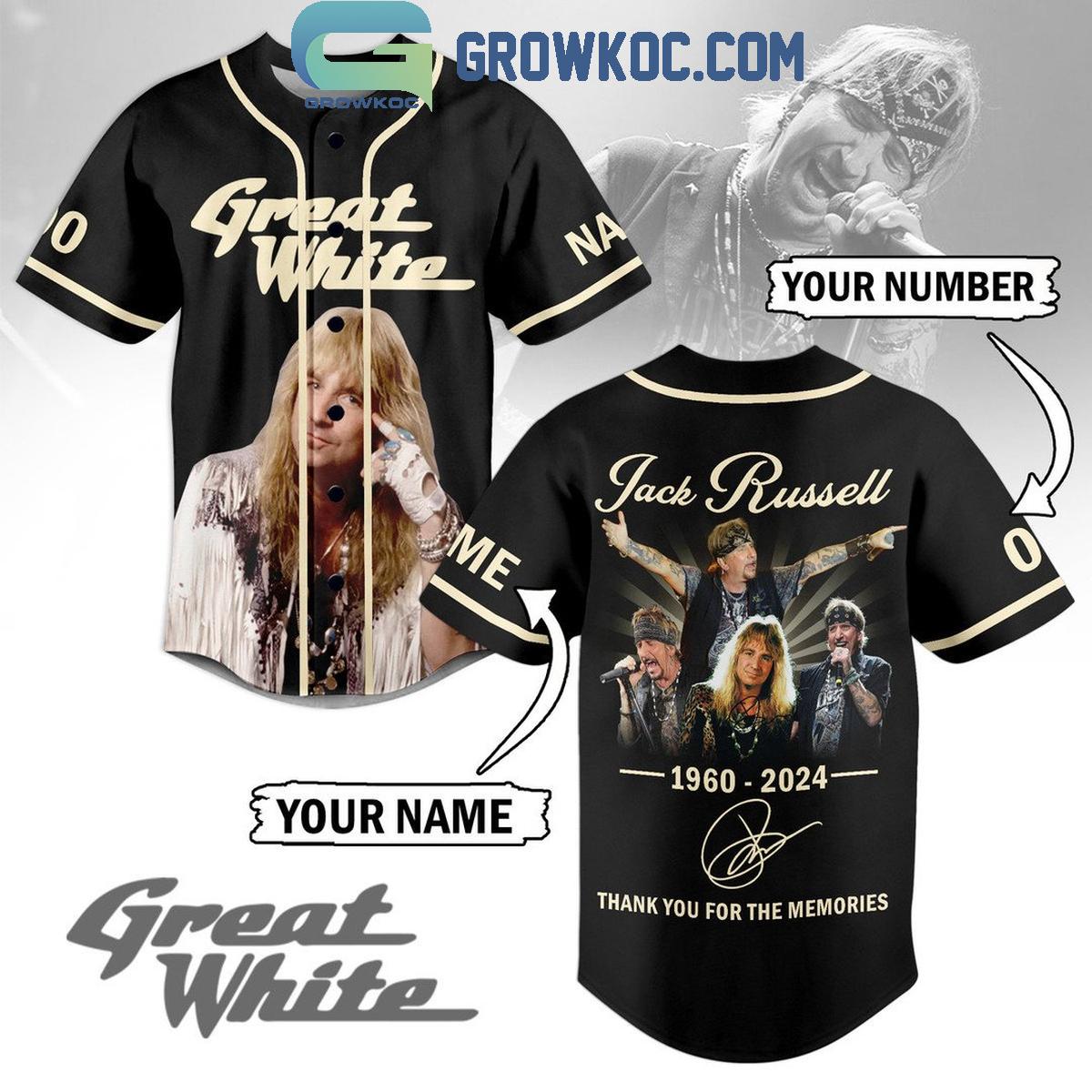 Jack Russell Thank You For The Memories In Great White 2024 Personalized Baseball Jersey Unisex T-shirt, Sweatshirt, Hoodie, Long Sleeve Tee - T-Shirt, Sweatshirt, Hoodie