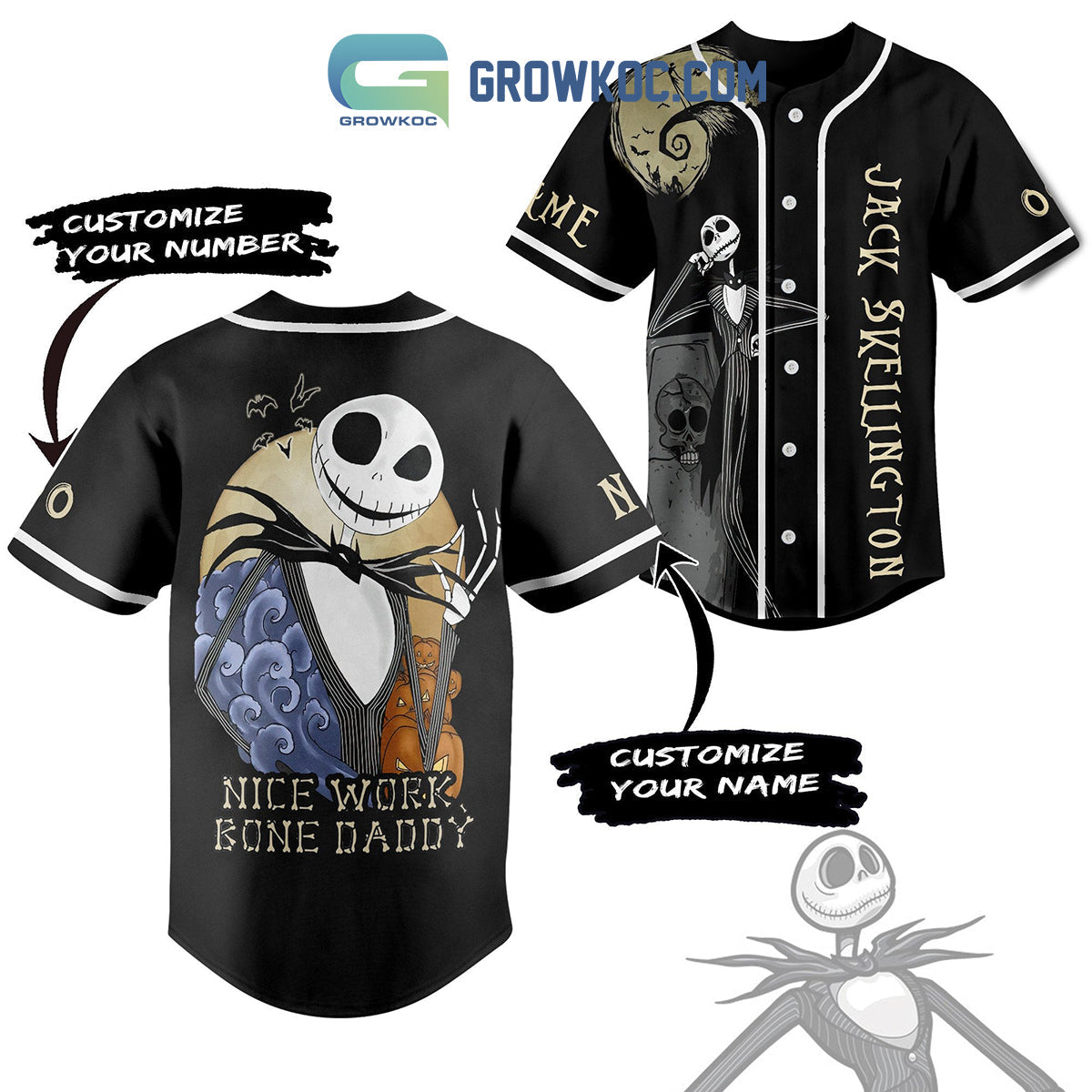 Jack Skellington Nice Work Bone Daddy Personalized Baseball Jersey Unisex T-shirt, Sweatshirt, Hoodie, Long Sleeve Tee - T-Shirt, Sweatshirt, Hoodie