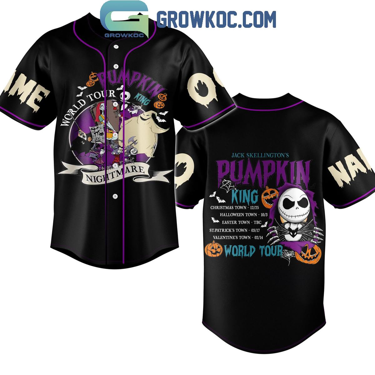 Jack Skellingtons Pumplin King World Tour Personalized Baseball Jersey Unisex T-shirt, Sweatshirt, Hoodie, Long Sleeve Tee - T-Shirt, Sweatshirt, Hoodie