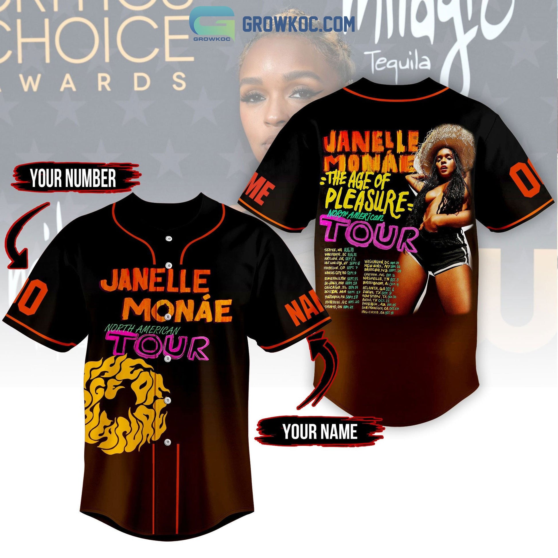 Janelle Monae The Age Of Pleasure North American Tour Personalized Baseball Jersey Unisex T-shirt, Sweatshirt, Hoodie, Long Sleeve Tee - T-Shirt, Sweatshirt, Hoodie
