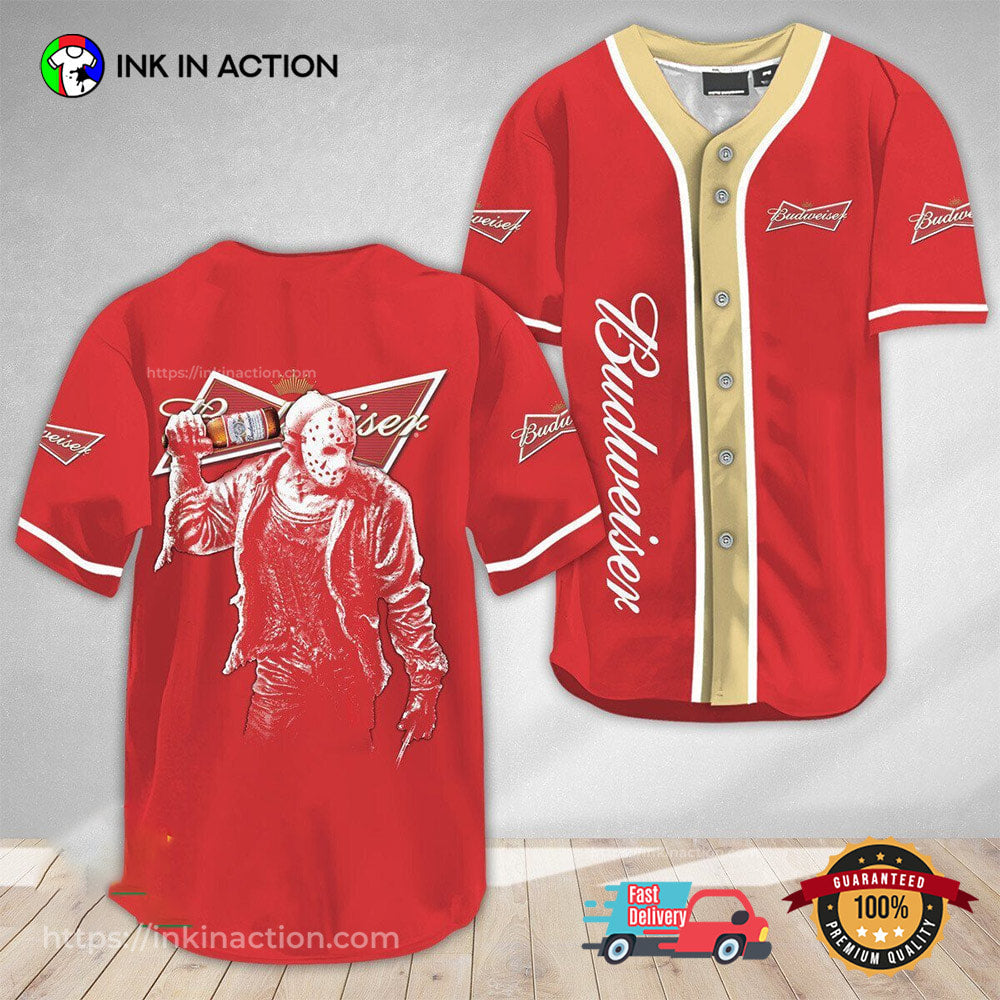 Jason Voorhees Friday The 13th Budweiser Baseball Jersey Unisex T-shirt, Sweatshirt, Hoodie, Long Sleeve Tee - T-Shirt, Sweatshirt, Hoodie
