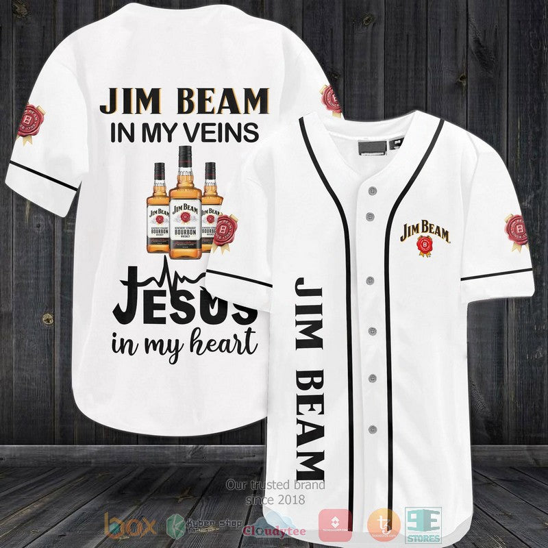 Jim Beam in my veins Jesus in my heart white Baseball shirt Unisex T-shirt, Sweatshirt, Hoodie, Long Sleeve Tee - T-Shirt, Sweatshirt, Hoodie