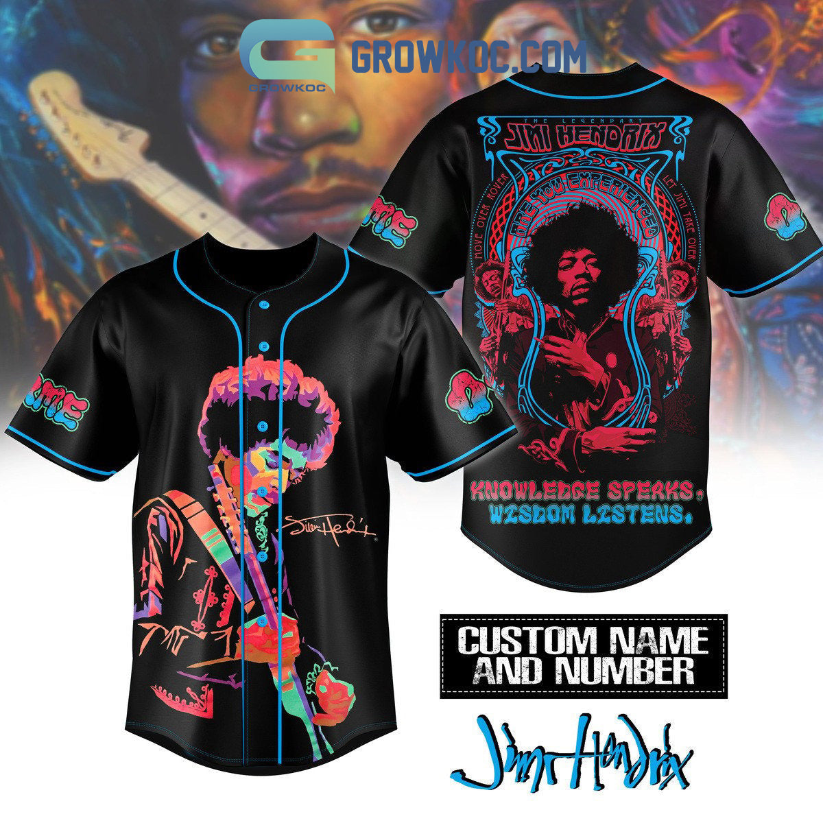 Jimi Hendrix Knowledge Speaks Wisdom Listens Personalized Baseball Jersey Unisex T-shirt, Sweatshirt, Hoodie, Long Sleeve Tee - T-Shirt, Sweatshirt, Hoodie