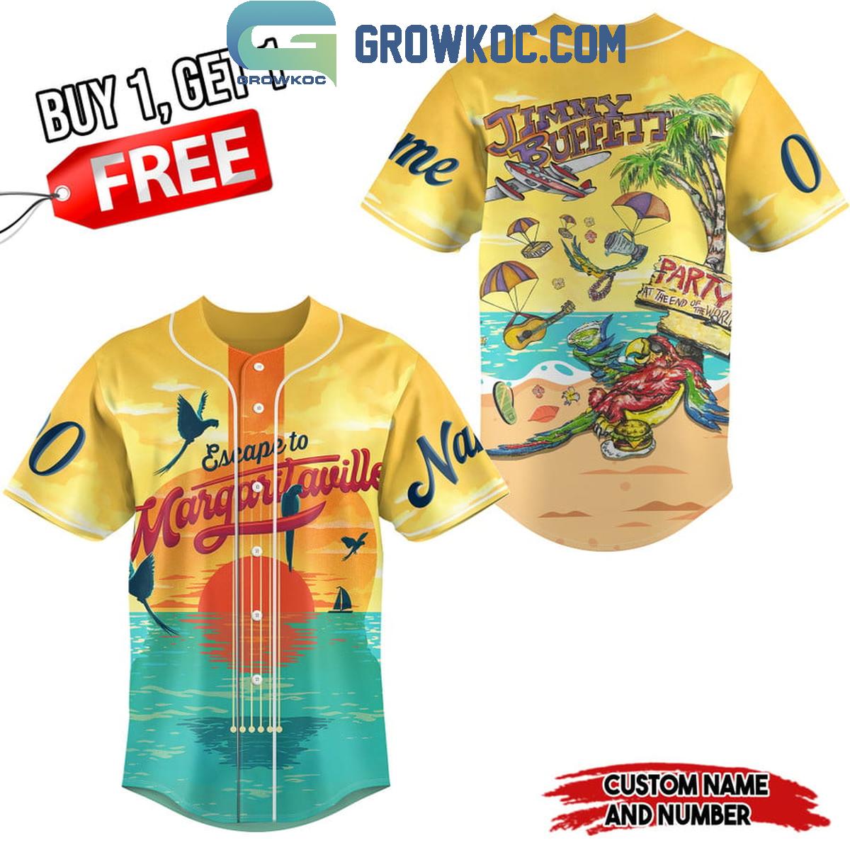 Jimmy Buffett Party At The End Of The World Personalized Baseball Jersey Unisex T-shirt, Sweatshirt, Hoodie, Long Sleeve Tee - T-Shirt, Sweatshirt, Hoodie