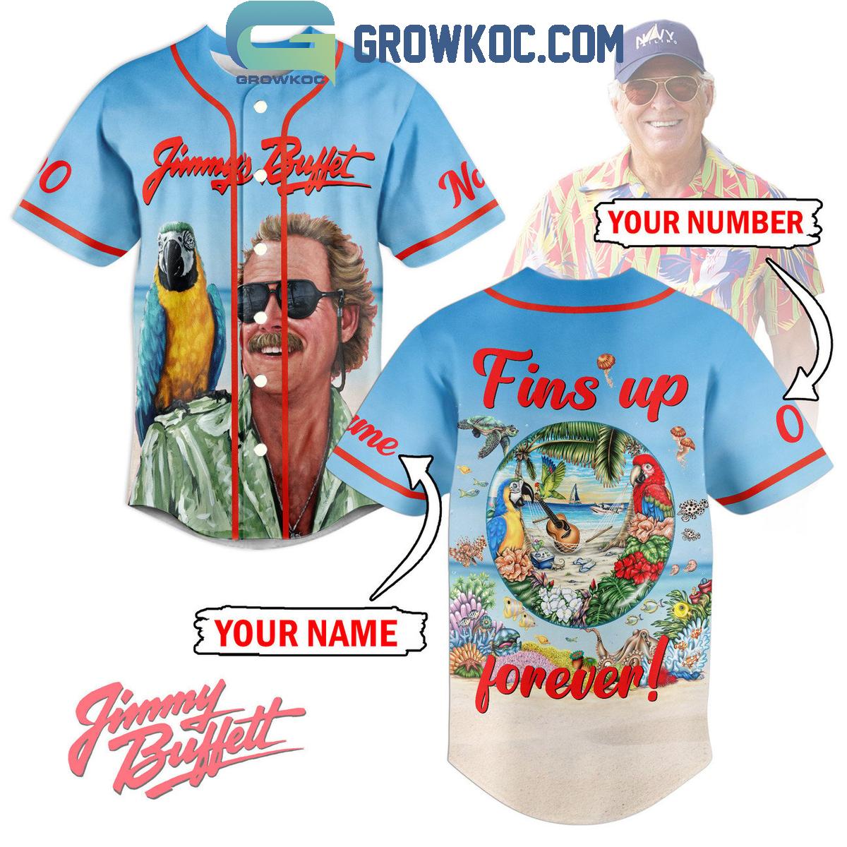 Jimmy Buffett The Holiday In Beach Fins Up Forever Personalized Baseball Jersey Unisex T-shirt, Sweatshirt, Hoodie, Long Sleeve Tee - T-Shirt, Sweatshirt, Hoodie