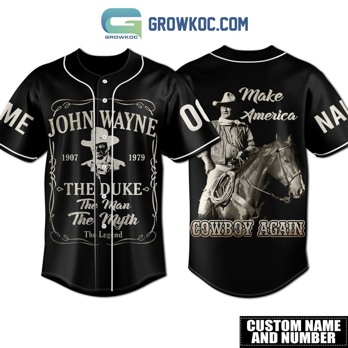 John Wayne Make America Cowboy Again Personalized Baseball Jersey Unisex T-shirt, Sweatshirt, Hoodie, Long Sleeve Tee - T-Shirt, Sweatshirt, Hoodie