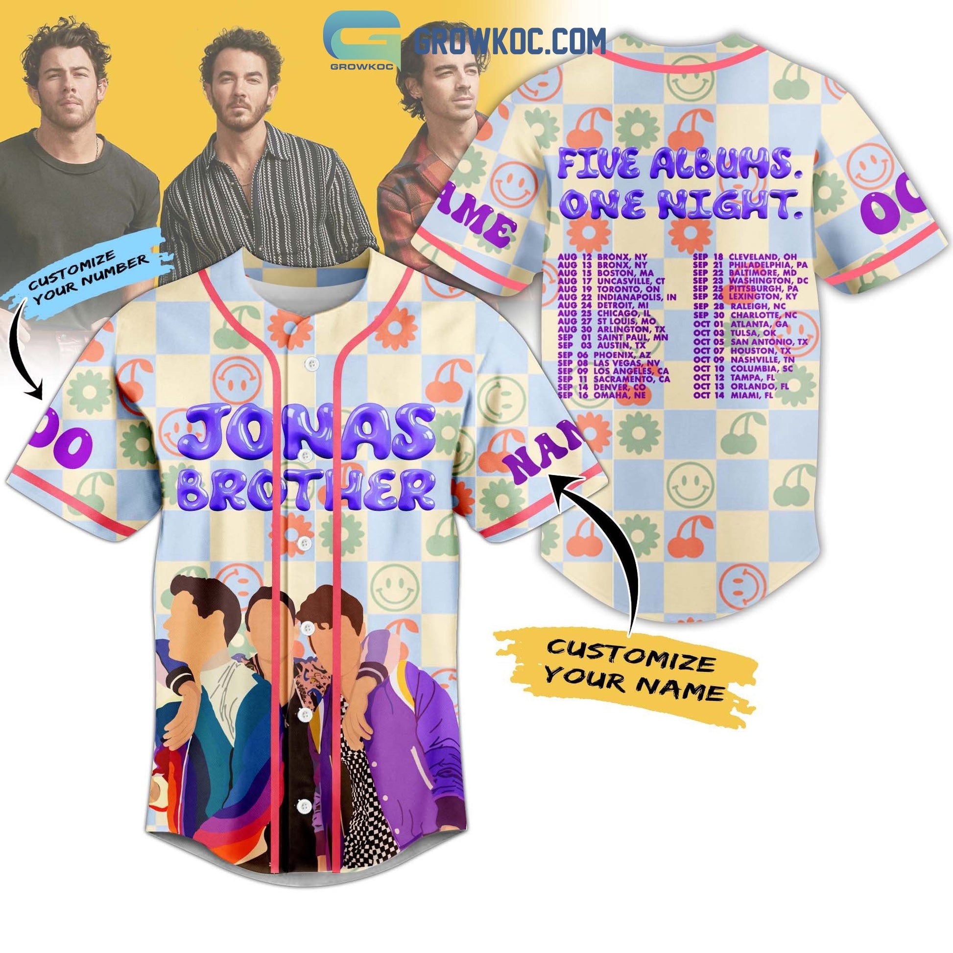 Jonas Brother Five Albums One Night Personalized Baseball Jersey Unisex T-shirt, Sweatshirt, Hoodie, Long Sleeve Tee - T-Shirt, Sweatshirt, Hoodie