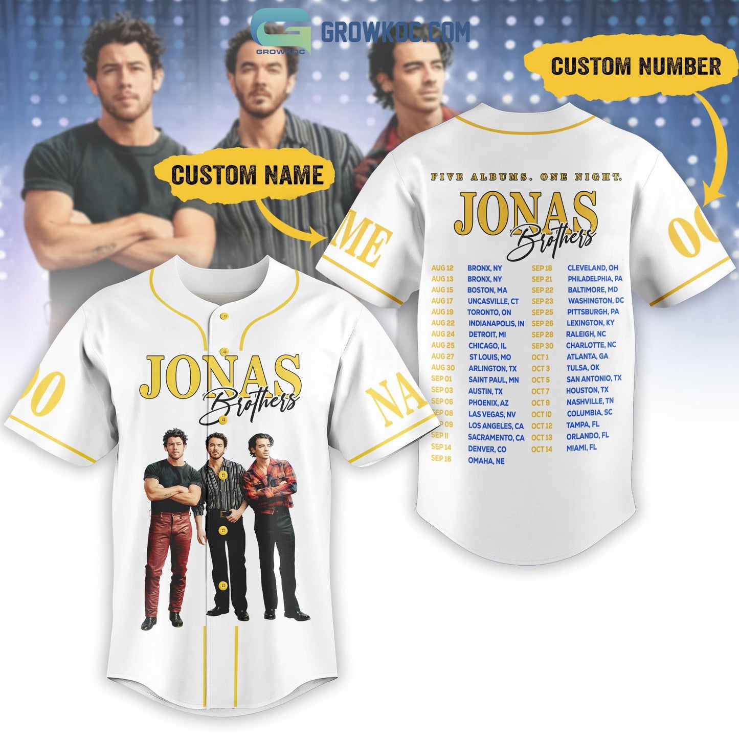 Jonas Brothers Five Album One Night Personalized Baseball Jersey Unisex T-shirt, Sweatshirt, Hoodie, Long Sleeve Tee - T-Shirt, Sweatshirt, Hoodie