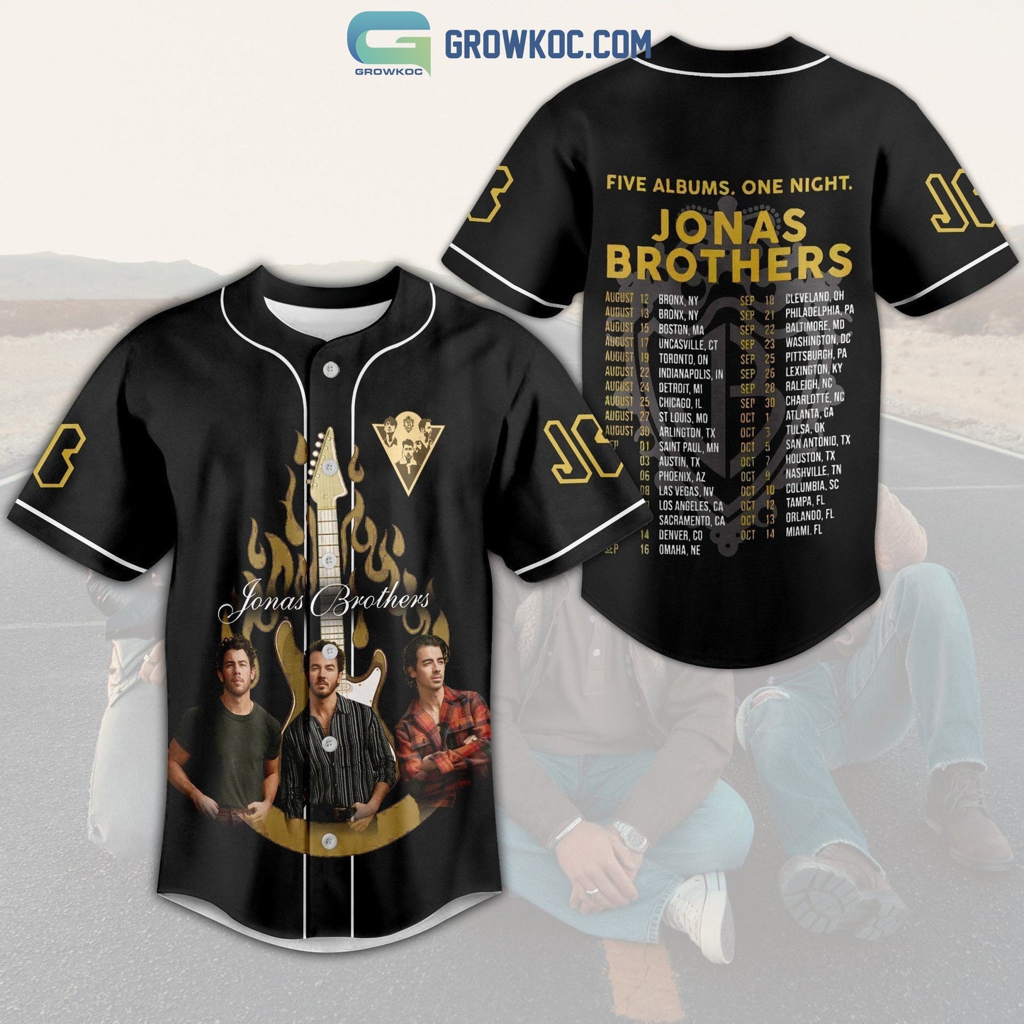 Jonas Brothers Five Albums One Night Black Design Baseball Jersey Unisex T-shirt, Sweatshirt, Hoodie, Long Sleeve Tee - T-Shirt, Sweatshirt, Hoodie