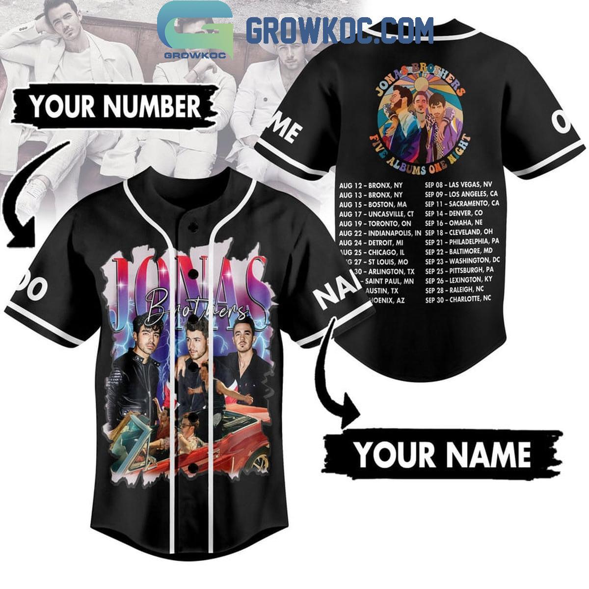 Jonas Brothers Five Albums One Night Personalized Baseball Jersey Black Unisex T-shirt, Sweatshirt, Hoodie, Long Sleeve Tee - T-Shirt, Sweatshirt, Hoodie