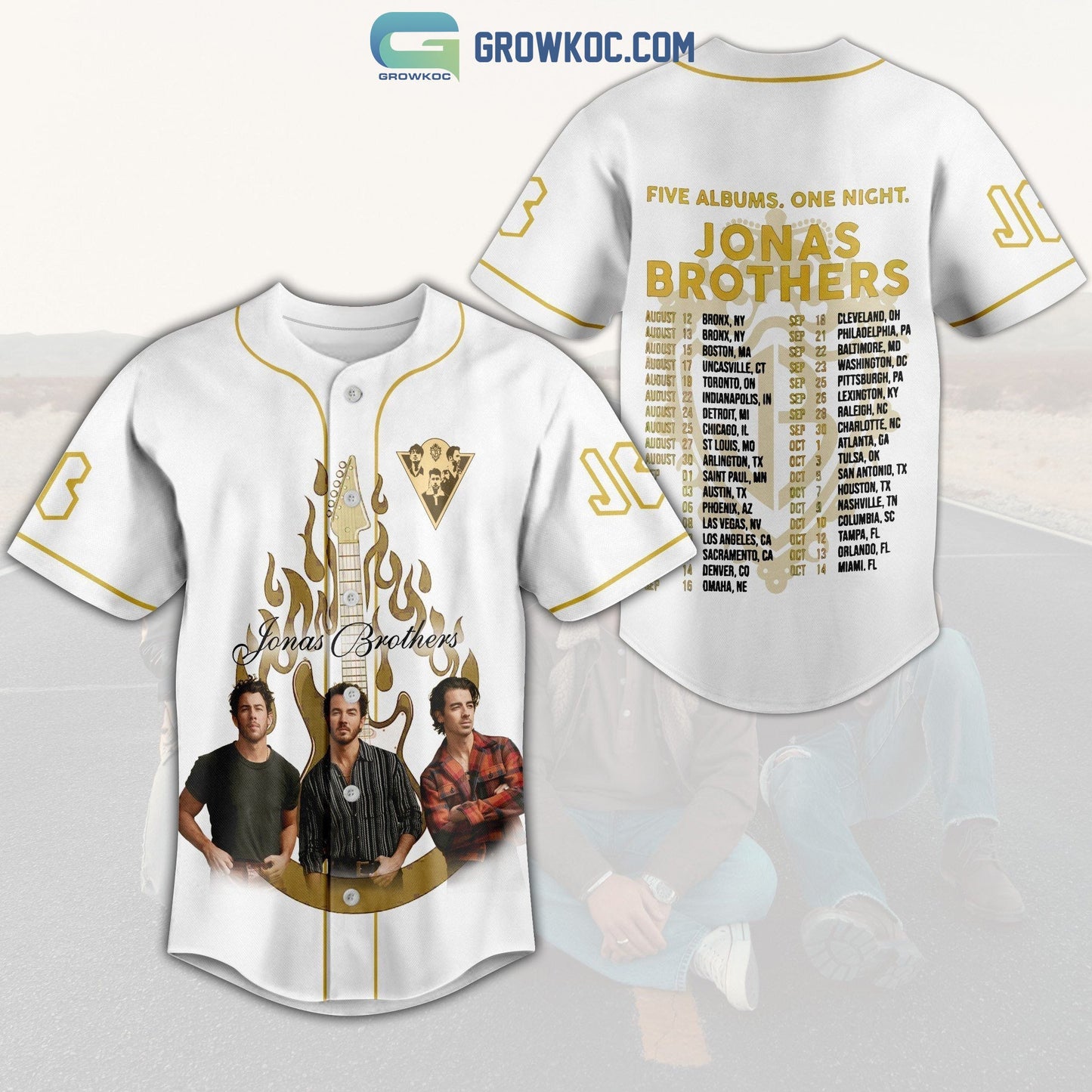 Jonas Brothers Five Albums One Night White Design Baseball Jersey Unisex T-shirt, Sweatshirt, Hoodie, Long Sleeve Tee - T-Shirt, Sweatshirt, Hoodie