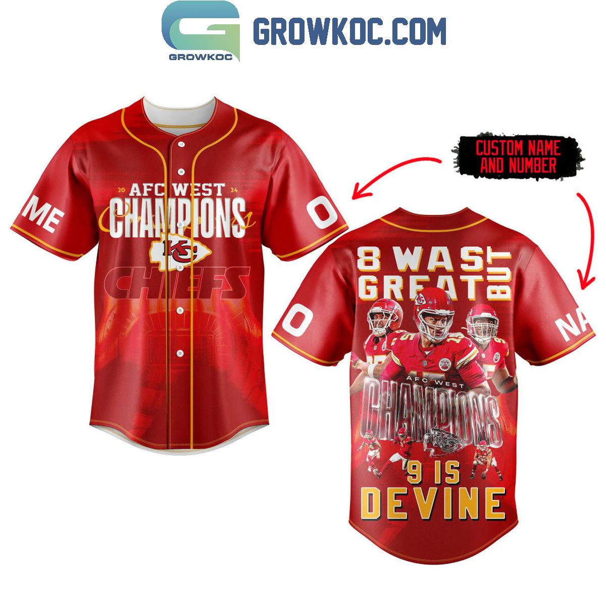 Kansas City Chiefs 8 AFC West Champs Is Great But 9 Is Devine Personalized Baseball Jersey - T-Shirt, Sweatshirt, Hoodie
