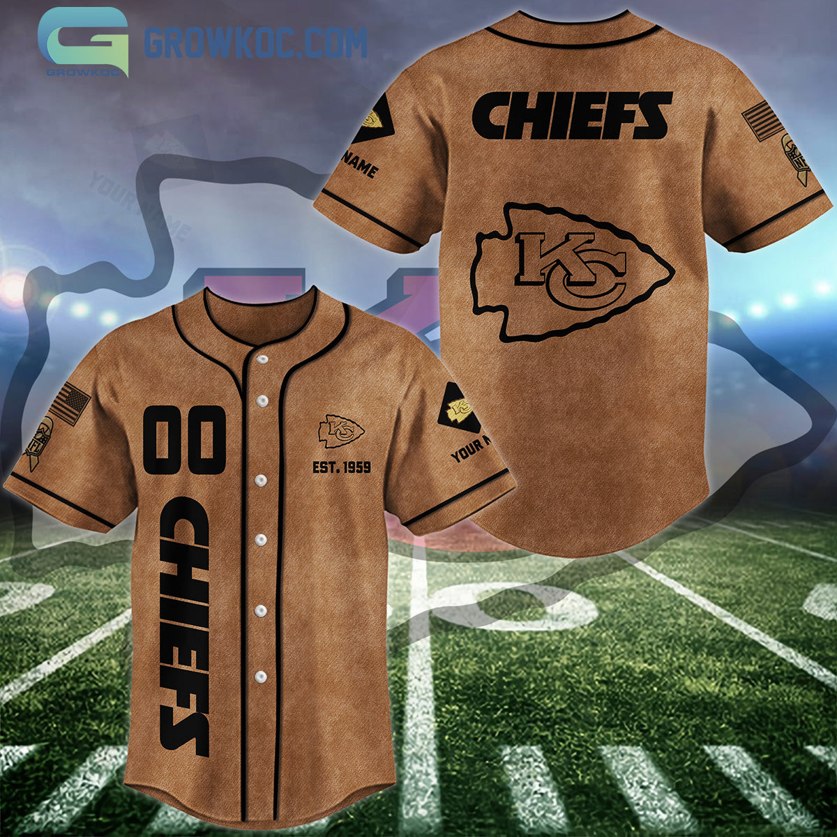 Kansas City Chiefs Brown American Flag Personalized Baseball Jersey Unisex T-shirt, Sweatshirt, Hoodie, Long Sleeve Tee - T-Shirt, Sweatshirt, Hoodie