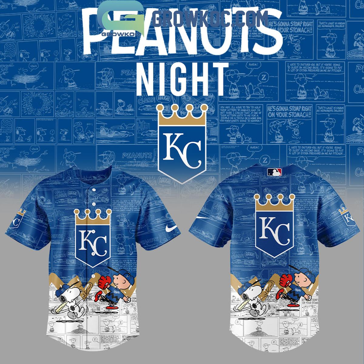 Kansas City Royals Peanuts 75th Anniversary Baseball Jersey Unisex T-shirt, Sweatshirt, Hoodie, Long Sleeve Tee - T-Shirt, Sweatshirt, Hoodie