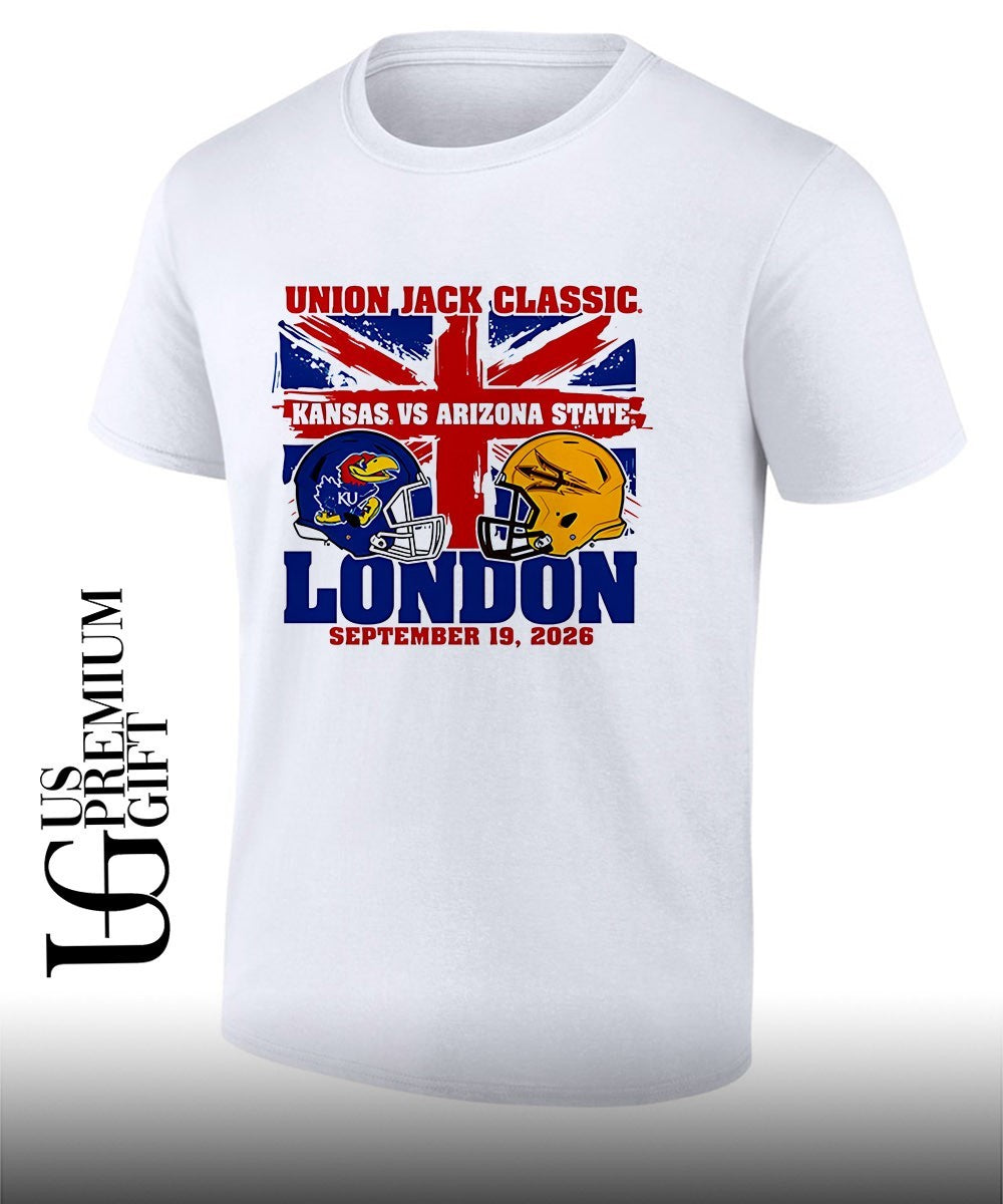 Kansas Jayhawks vs Arizona State Sun Devils Union Jack Classic London 2026 helmets shirt Unisex T-shirt, Sweatshirt, Hoodie, Long Sleeve Tee - T-Shirt, Sweatshirt, Hoodie