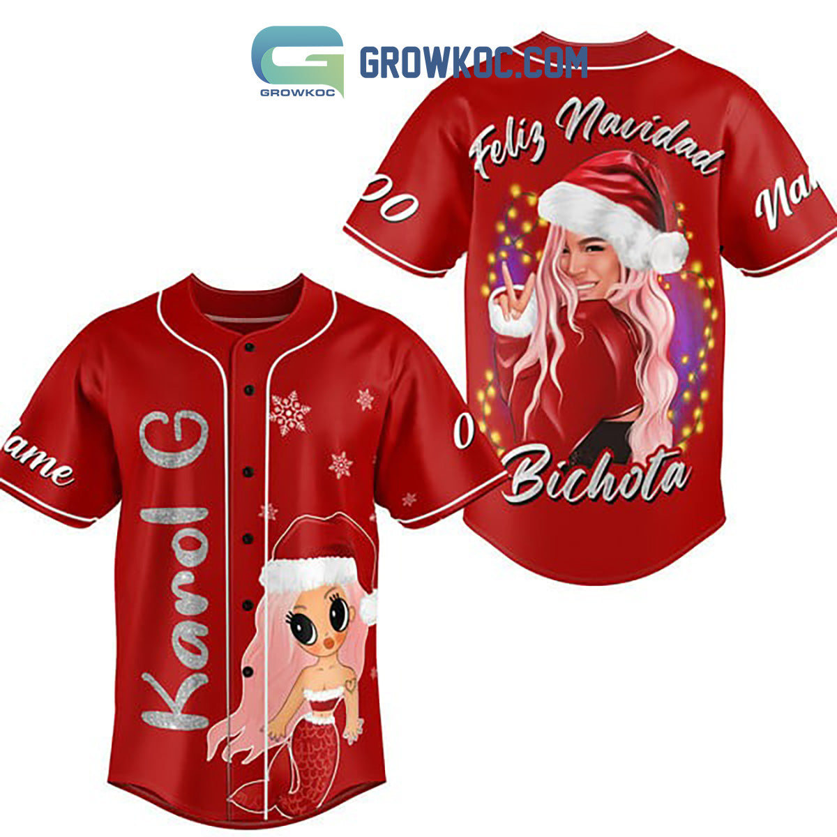 Karol G Feliz Navidad Bichota Christmas Mermaid Custom Name Number Baseball Jersey Unisex T-shirt, Sweatshirt, Hoodie, Long Sleeve Tee - T-Shirt, Sweatshirt, Hoodie