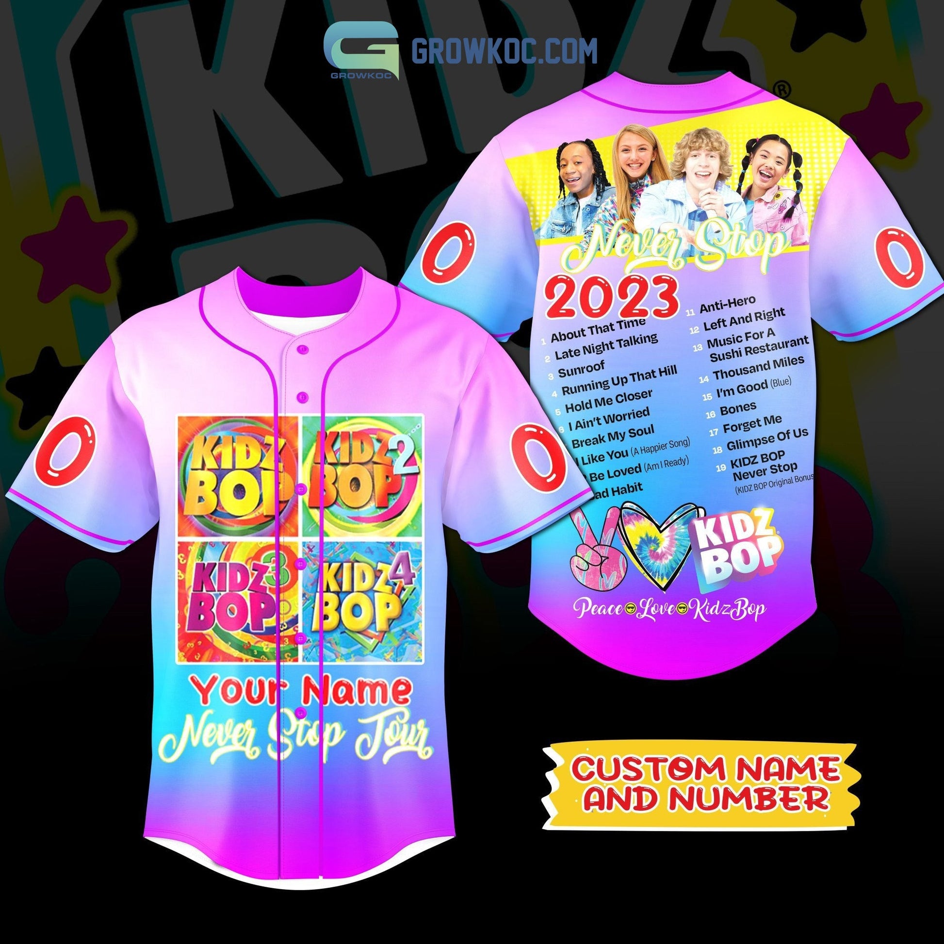 Kidz Bop Never Stop 2023 Personalized Baseball Jersey Unisex T-shirt, Sweatshirt, Hoodie, Long Sleeve Tee - T-Shirt, Sweatshirt, Hoodie