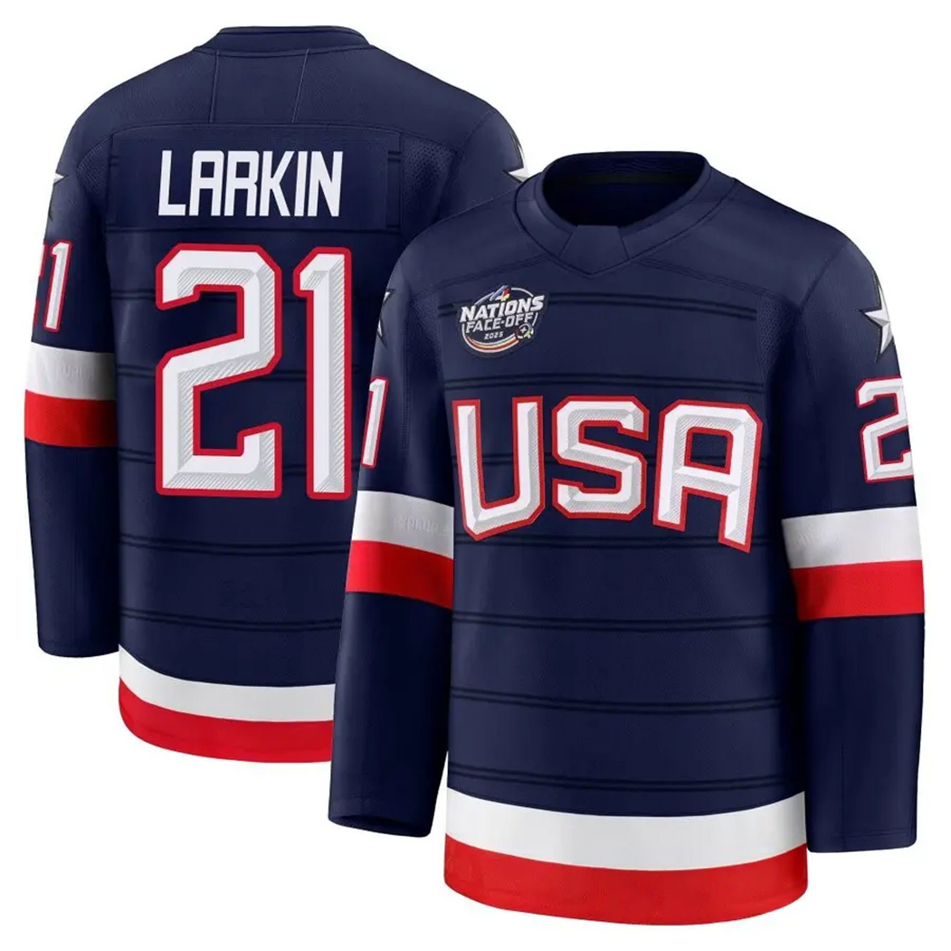 Dylan Larkin USA 2025 4 Nations Face-Off Premium Jersey - Navy sports jersey product view 1