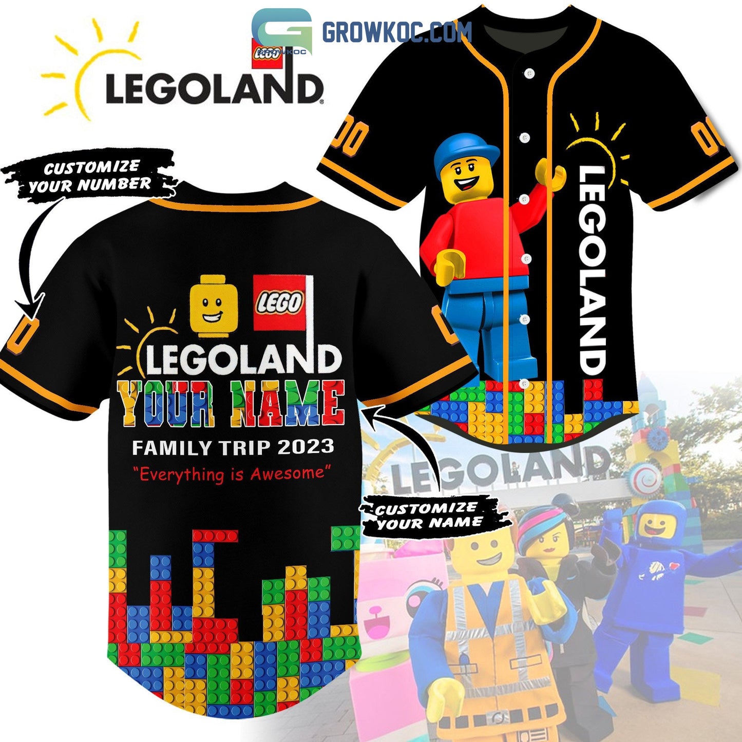 Legoland Family Trip 2023 Everything Is Awesome Personalized Baseball Jersey Unisex T-shirt, Sweatshirt, Hoodie, Long Sleeve Tee - T-Shirt, Sweatshirt, Hoodie