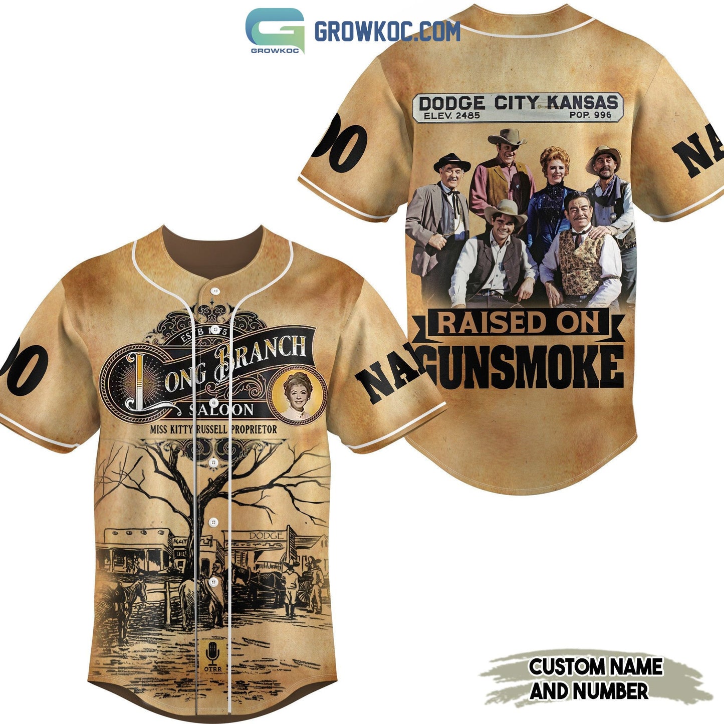 Long Branch Dodge City Kansas Raised On Gunsmoke Personalized Baseball Jersey Unisex T-shirt, Sweatshirt, Hoodie, Long Sleeve Tee - T-Shirt, Sweatshirt, Hoodie