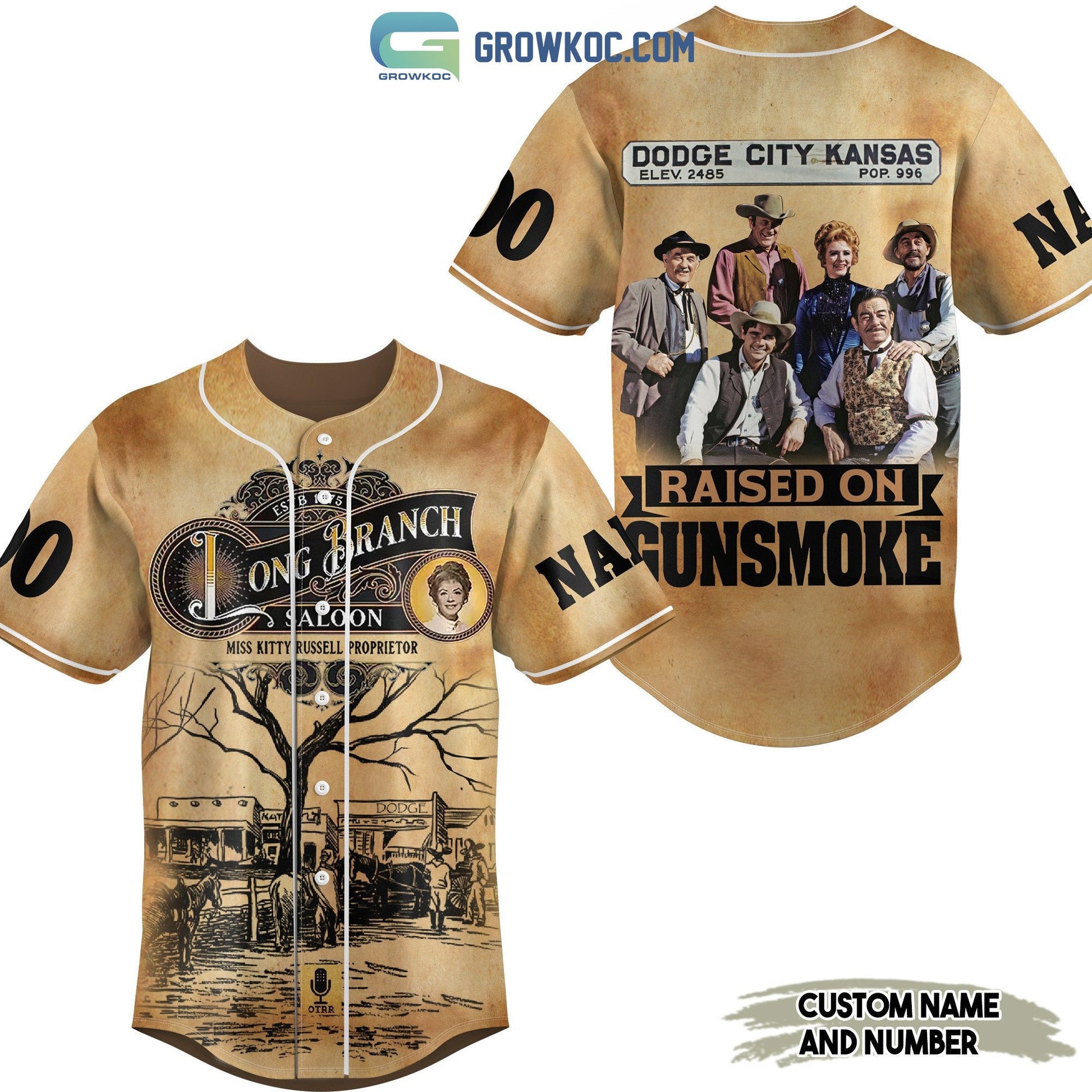 Long Branch Dodge City Kansas Raised On Gunsmoke Personalized Baseball Jersey Unisex T-shirt, Sweatshirt, Hoodie, Long Sleeve Tee - T-Shirt, Sweatshirt, Hoodie