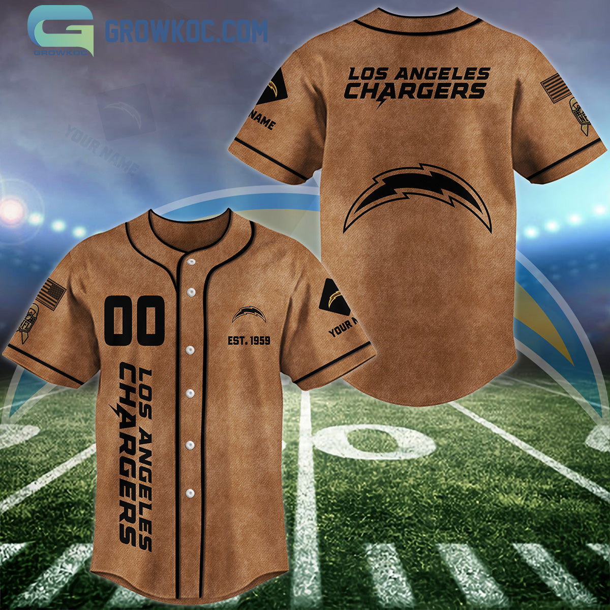 Los Angeles Chargers Brown American Flag Personalized Baseball Jersey Unisex T-shirt, Sweatshirt, Hoodie, Long Sleeve Tee - T-Shirt, Sweatshirt, Hoodie