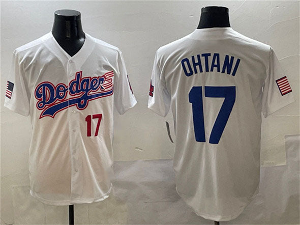 Los Angeles Dodgers #17 Shohei Ohtani White With American Flag Patch Limited Stitched Baseball Jersey baseball jersey product view 1