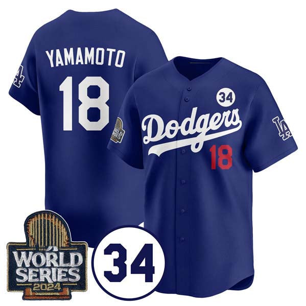 Los Angeles Dodgers #18 Yoshinobu Yamamoto Royal 2024 World Series With No. 34 Patch Cool Base Stitched Baseball Jersey baseball jersey product view 1