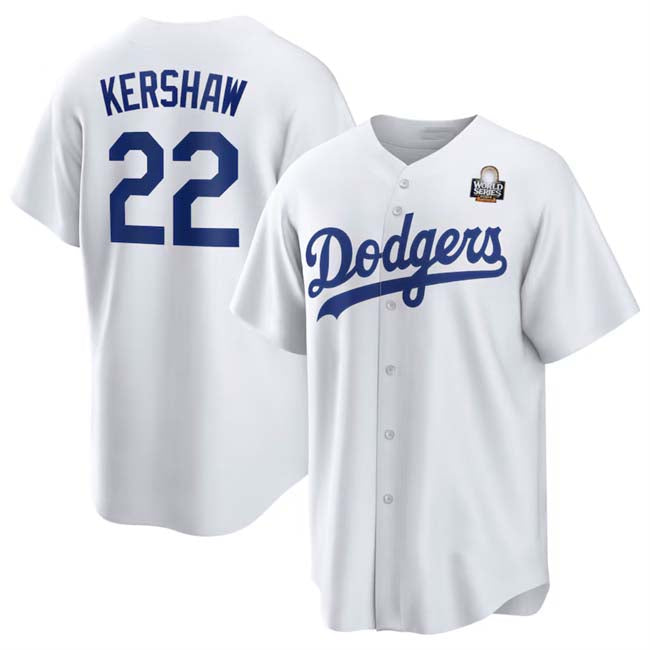 Los Angeles Dodgers #22 Clayton Kershaw White 2024 World Series Cool Base Stitched Baseball Jersey baseball jersey product view 1