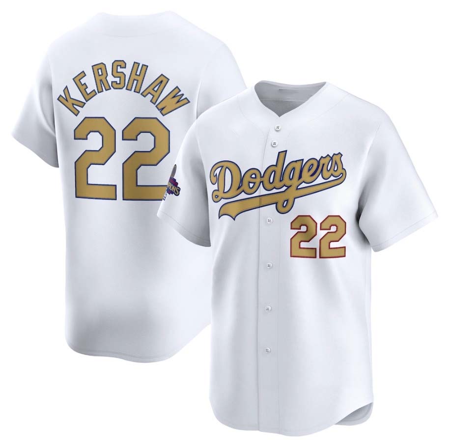 Los Angeles Dodgers #22 Clayton Kershaw White 2025 Gold Collection Limited Stitched Baseball Jersey baseball jersey product view 1