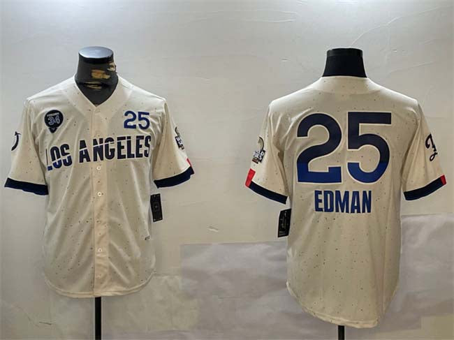 Los Angeles Dodgers #25 Tommy Edman Cream 2024 World Series With Fernando Memorial Patch City Connect Limited Stitched Baseball Jersey baseball jersey product view 1