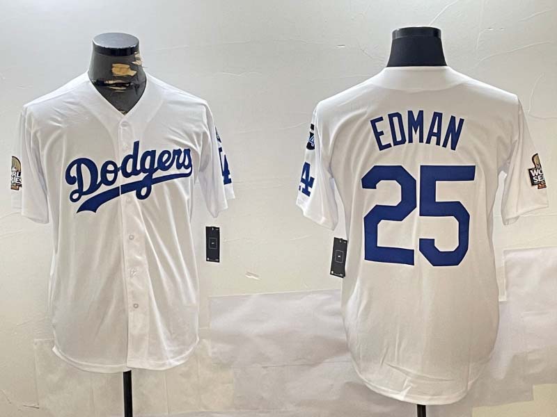 Los Angeles Dodgers #25 Tommy Edman White 2024 World Series With Fernando Memorial Patch Home Limited Stitched Baseball Jerseys baseball jersey product view 1