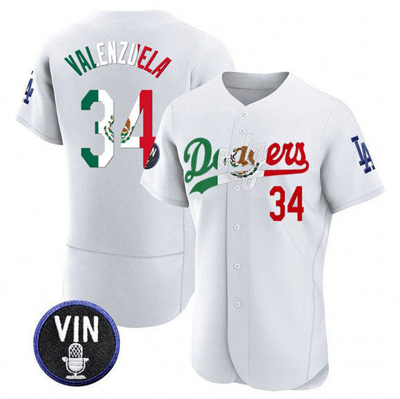 Los Angeles Dodgers #34 Fernando Valenzuela White Mexico Special Vin Scully Patch Flex Base Stitched Baseball Jersey baseball jersey product view 1