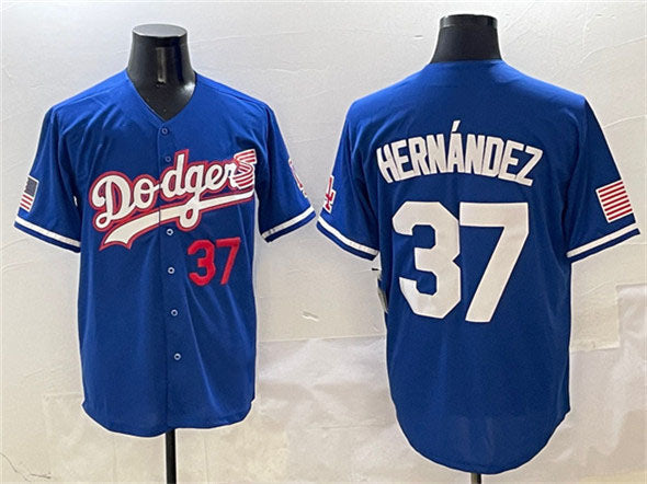 Los Angeles Dodgers #37 Teoscar Hern¨¢ndez Royal With American Flag Patch Limited Stitched Baseball Jersey baseball jersey product view 1